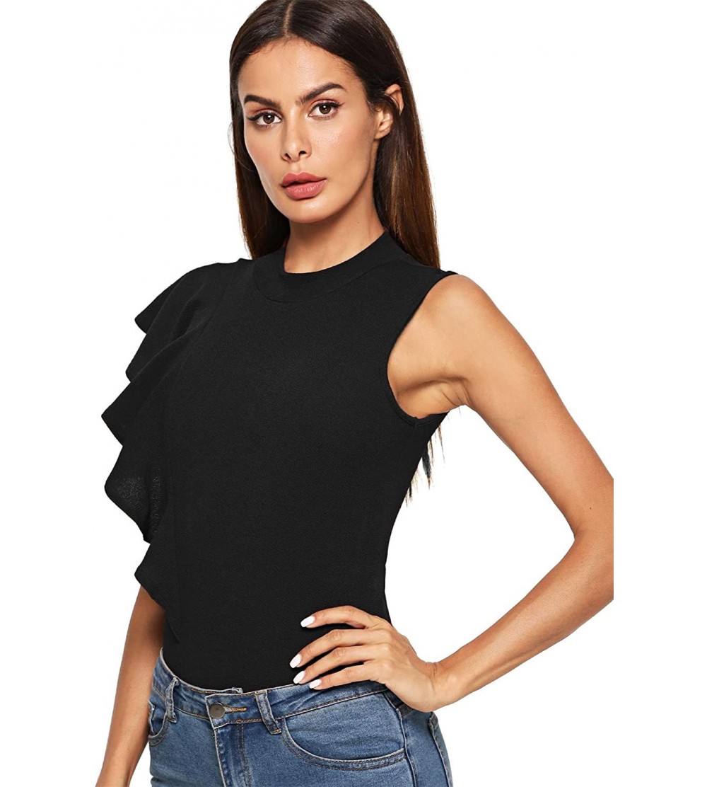 Shapewear Women's Asymmetric Ruffle Trim Mock Neck Bodysuit - Black-improve - CH18Y7E63WL $20.37