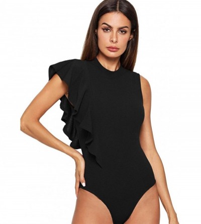 Shapewear Women's Asymmetric Ruffle Trim Mock Neck Bodysuit - Black-improve - CH18Y7E63WL $20.37