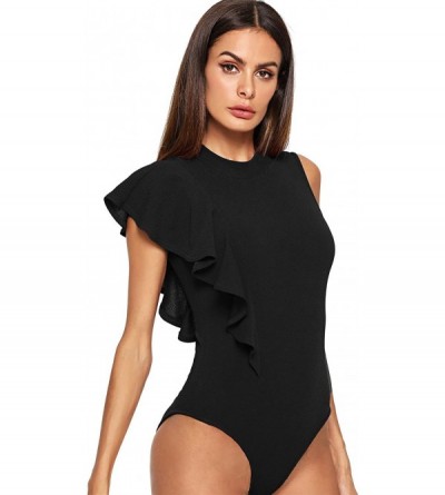 Shapewear Women's Asymmetric Ruffle Trim Mock Neck Bodysuit - Black-improve - CH18Y7E63WL $20.37