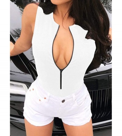 Shapewear Women's Sexy Ribbed Zipper Front Basic Bodycon Stretch Sleeveless Bodysuit - White - CA18YOQS55Q $13.08