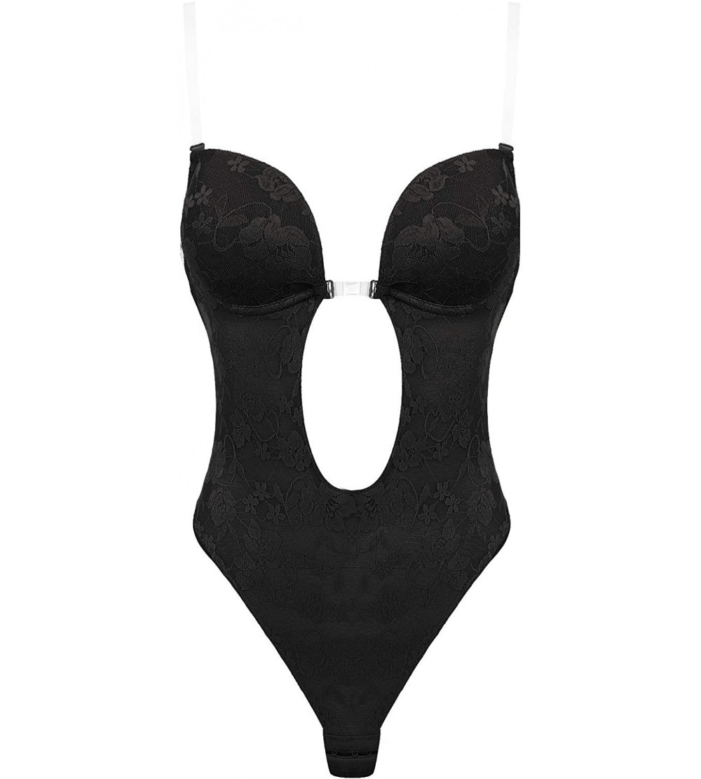 Shapewear Women Plunging V-Neck Clear Straps Backless Bodysuit Thong Bridal Shapewear - 2 Black - CM197XWY795 $17.37