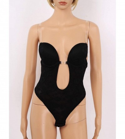 Shapewear Women Plunging V-Neck Clear Straps Backless Bodysuit Thong Bridal Shapewear - 2 Black - CM197XWY795 $17.37