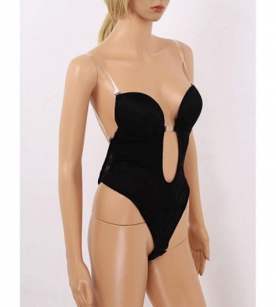 Shapewear Women Plunging V-Neck Clear Straps Backless Bodysuit Thong Bridal Shapewear - 2 Black - CM197XWY795 $17.37