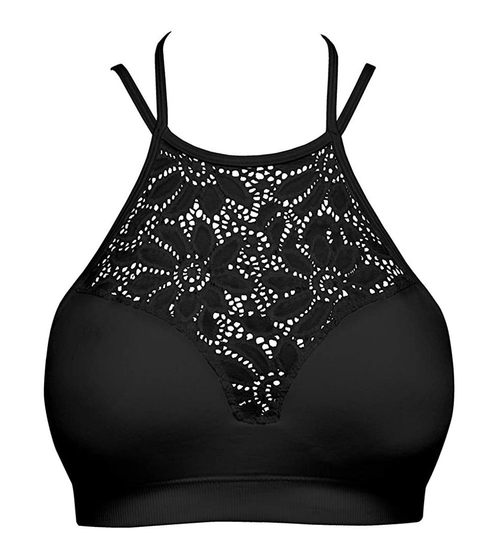 Camisoles & Tanks Lace Halter Neck Padded Bralette - Floral Lace Seamless Bra - 042_black - CP18QHK8CQ5 $16.70