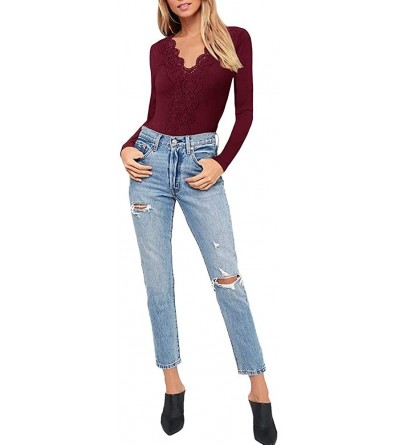 Shapewear Women's Long Sleeve Ribbed Turtleneck Leotard Stretchy Bodysuit Tops Jumpsuits - Lace-burgundy - CQ1927TUYQG $17.97