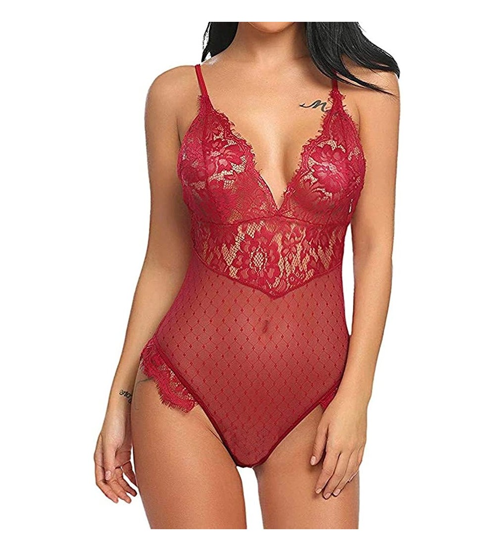 Baby Dolls & Chemises Lingerie Bodysuit-SaleðŸ’–New Lingerie for Women Teddy One Piece Lace V-Neck Babydoll Bodysuit Jumpsuit...