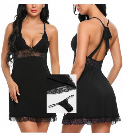 Slips Lingerie Women Chemise Halter Sleepwear Lace Babydoll Full Slip - Black - C2182KRWYG2 $15.46