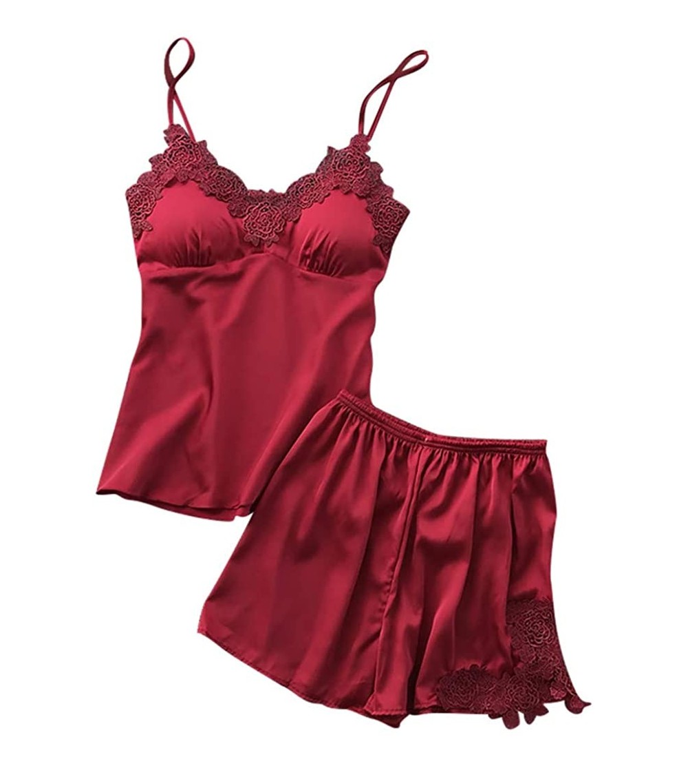 Shapewear Womens Sleepwear Sets-Sexy Satin Sling Shorts and Lace Camisole Loose Thin Lingeries - Wine - C418SEWMLH6 $12.04