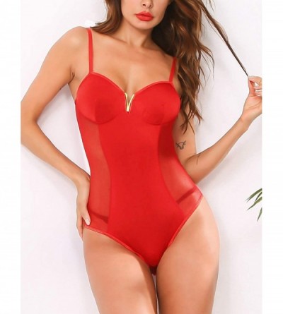 Shapewear Women's Neon Bodysuit for Women Teddy Sleeveless Sling Satin Bodysuit - 02-red - CB18AU7AWC4 $14.41