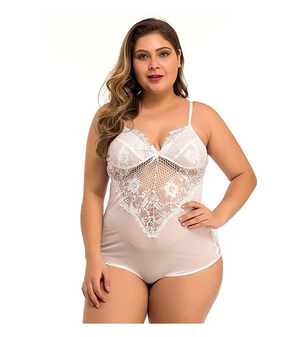 Mesh Underwear Plus Size Fat Woman Transparent Sexy Eyelash lace Lingerie  Full Pajamas Babydoll - White - CK19832YKE5