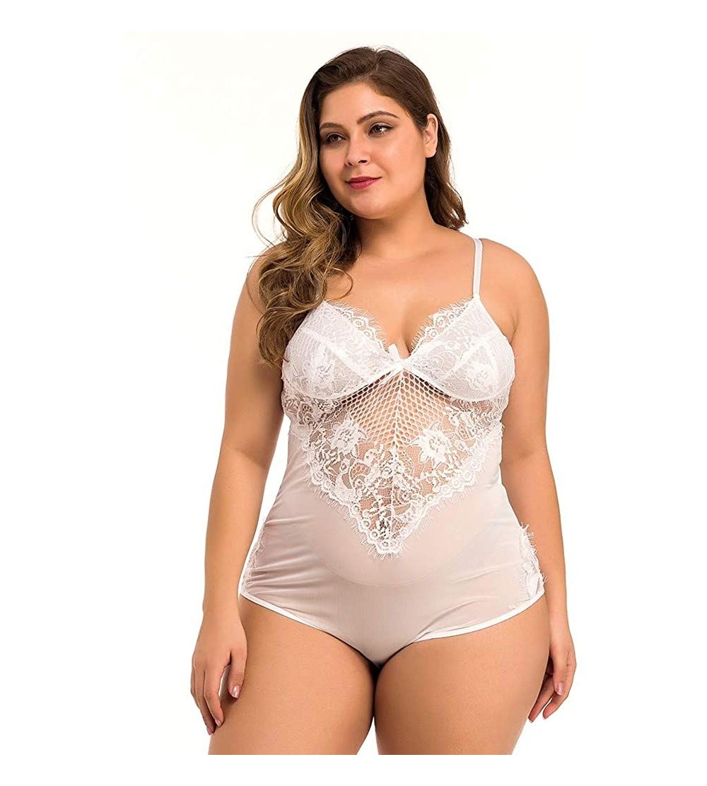 Mesh Underwear Plus Size Fat Woman Transparent Sexy Eyelash lace Lingerie  Full Pajamas Babydoll - White - CK19832YKE5