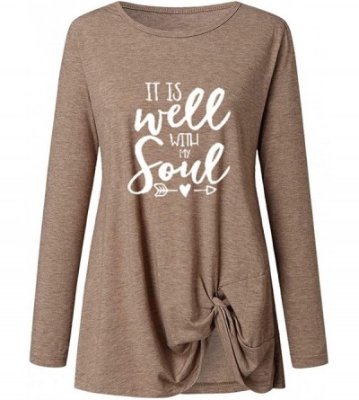 Slips Women Letter Print Twisted Knot Tunics Tops Blouses Casual Long Sleeve Blouse Tshirt Tee Tops - Khaki - CM193SZEATR $20.13