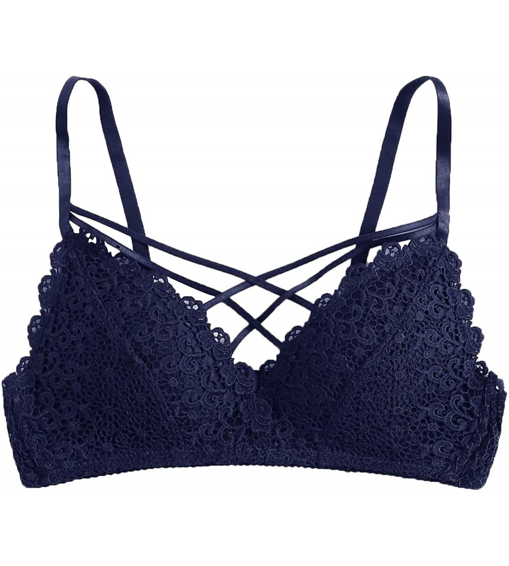 Camisoles & Tanks Women's Floral Lace Bralette Sexy Sheer Mesh Wire Free Bras Crop Top - 2-navy - C5192UARC4L $17.53