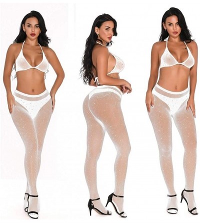 Slips Women Fishnet Hollow Out Floral Diamond Pantyhose Tights Stocking +Bra Lingerie - White - CS18YIHM6EQ $12.60