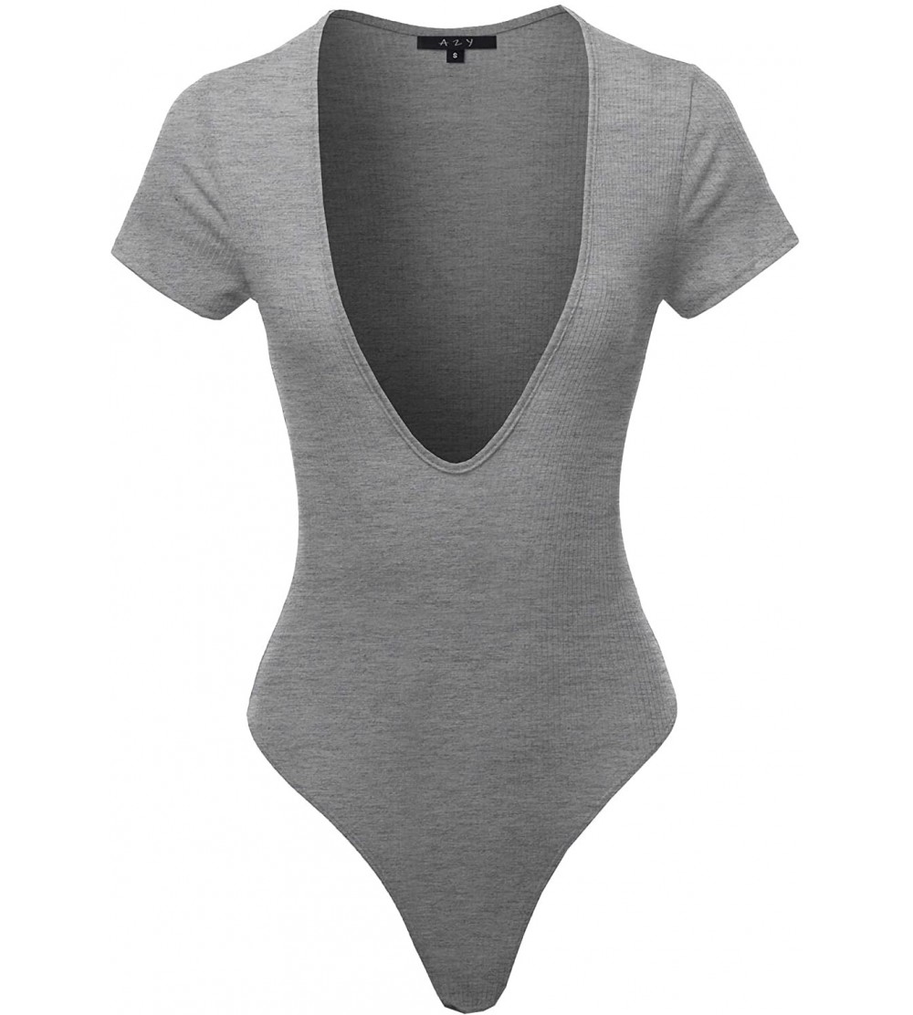 Shapewear Women's Lightweight Deep V-Neck Ribbed Short Sleeve Bodysuit - Yawbss0001 Heather Grey - CB18UYMRUSR $17.00