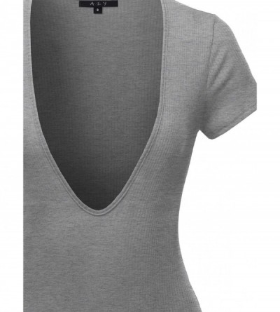 Shapewear Women's Lightweight Deep V-Neck Ribbed Short Sleeve Bodysuit - Yawbss0001 Heather Grey - CB18UYMRUSR $17.00