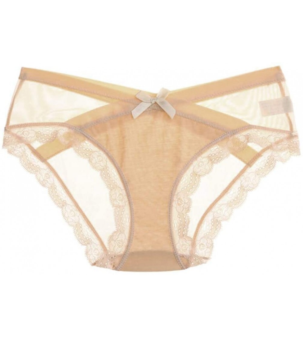 Women Sexy Lace Mesh Underwear Soft Ultra-Thin T-Back Briefs Transparent  Low Waist Panties - Beige - CV192XW2D39