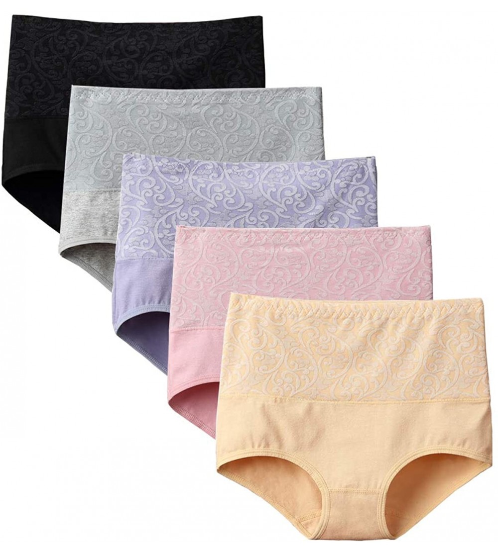 Panties Women's High Waist Solid Color Underwear Tummy Control Cotton Brief Panties Pack of 5 - Mixcolour - CU18S9D5DYE $14.71