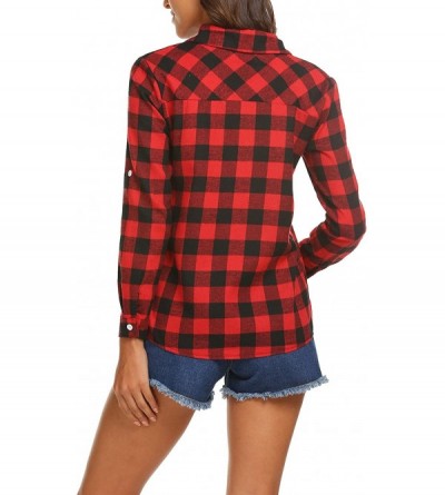 Shapewear Women's Plaid Button Down Shirt Long Roll up Sleeve Blouse Casual Buffalo Top - Black and Red Plaid Shirt for Chris...