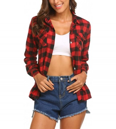 Shapewear Women's Plaid Button Down Shirt Long Roll up Sleeve Blouse Casual Buffalo Top - Black and Red Plaid Shirt for Chris...