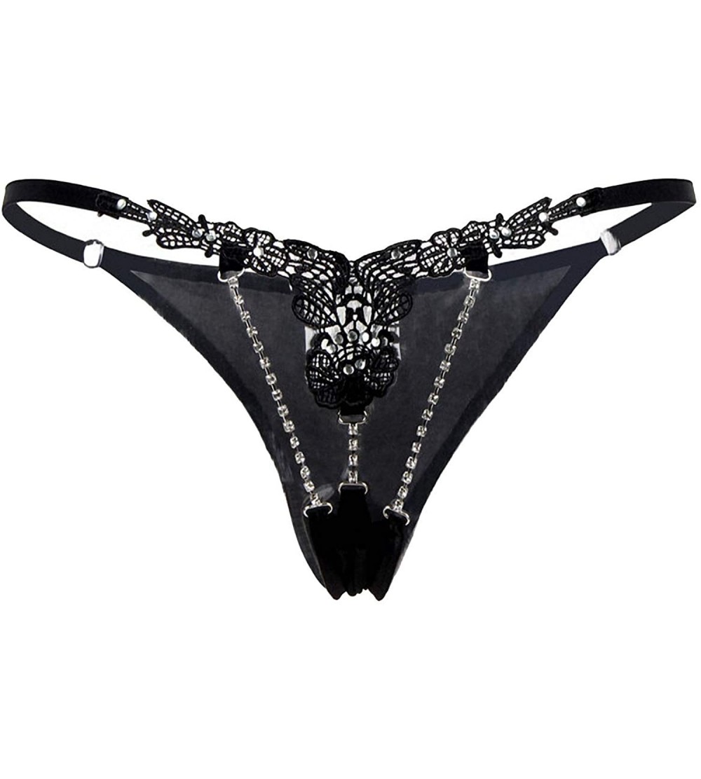 Women Black Sexy CZ Jeweled T-Back Floral Thongs Underwear Panties G-String  M-3X