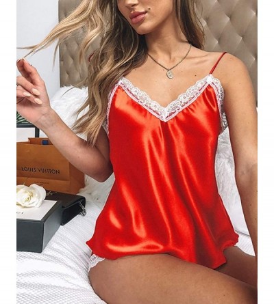 Nightgowns & Sleepshirts Women's 2 Piece Pajama Set Women Lingerie V Neck Nightwear Satin Sleepwear Lace Chemise Mini Teddy -...