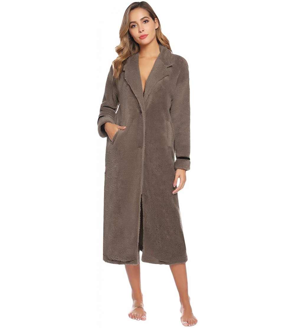 Robes Women's Plush Fleece Pajamas Robe Dress Long Sleeve Fuzzy Sleepwear Nightgown PJ Bathrobe with Pockets - Khaki - CB18Y2...