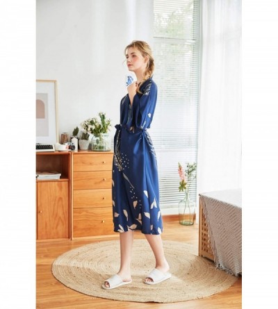 Robes Women's Printed Kimono Robes Long Silk Satin Sleepwear Dressing Gown - 14 Navy - CK197HINZC3 $21.95