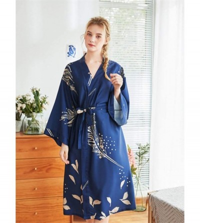 Robes Women's Printed Kimono Robes Long Silk Satin Sleepwear Dressing Gown - 14 Navy - CK197HINZC3 $21.95