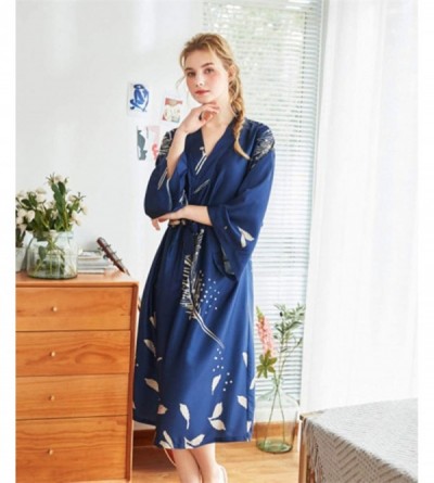 Robes Women's Printed Kimono Robes Long Silk Satin Sleepwear Dressing Gown - 14 Navy - CK197HINZC3 $21.95