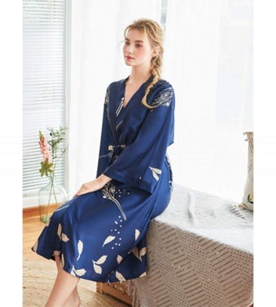 Robes Women's Printed Kimono Robes Long Silk Satin Sleepwear Dressing Gown - 14 Navy - CK197HINZC3 $21.95