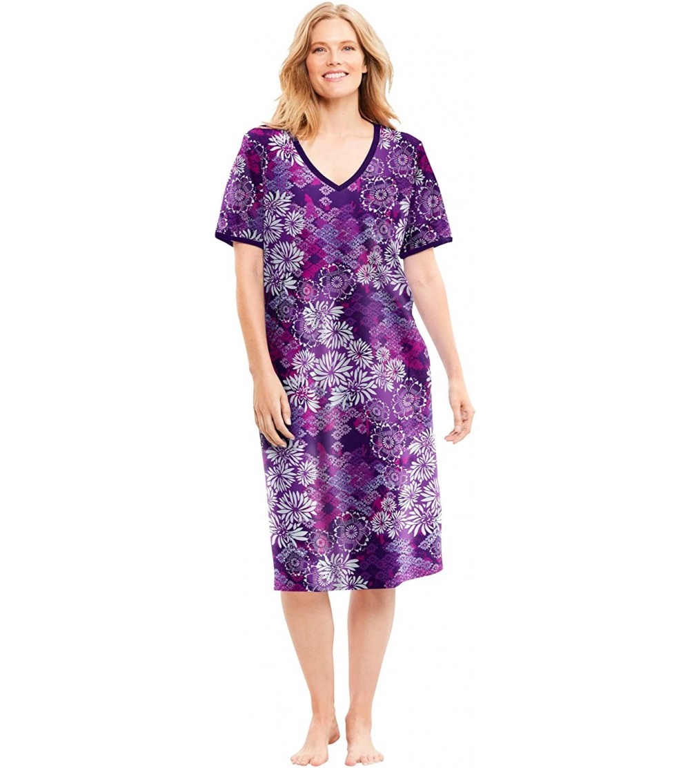 Nightgowns & Sleepshirts Women's Plus Size Short T-Shirt Lounger Nightgown - Rich Violet Blooming (0378) - CE1906YGGHX $24.83