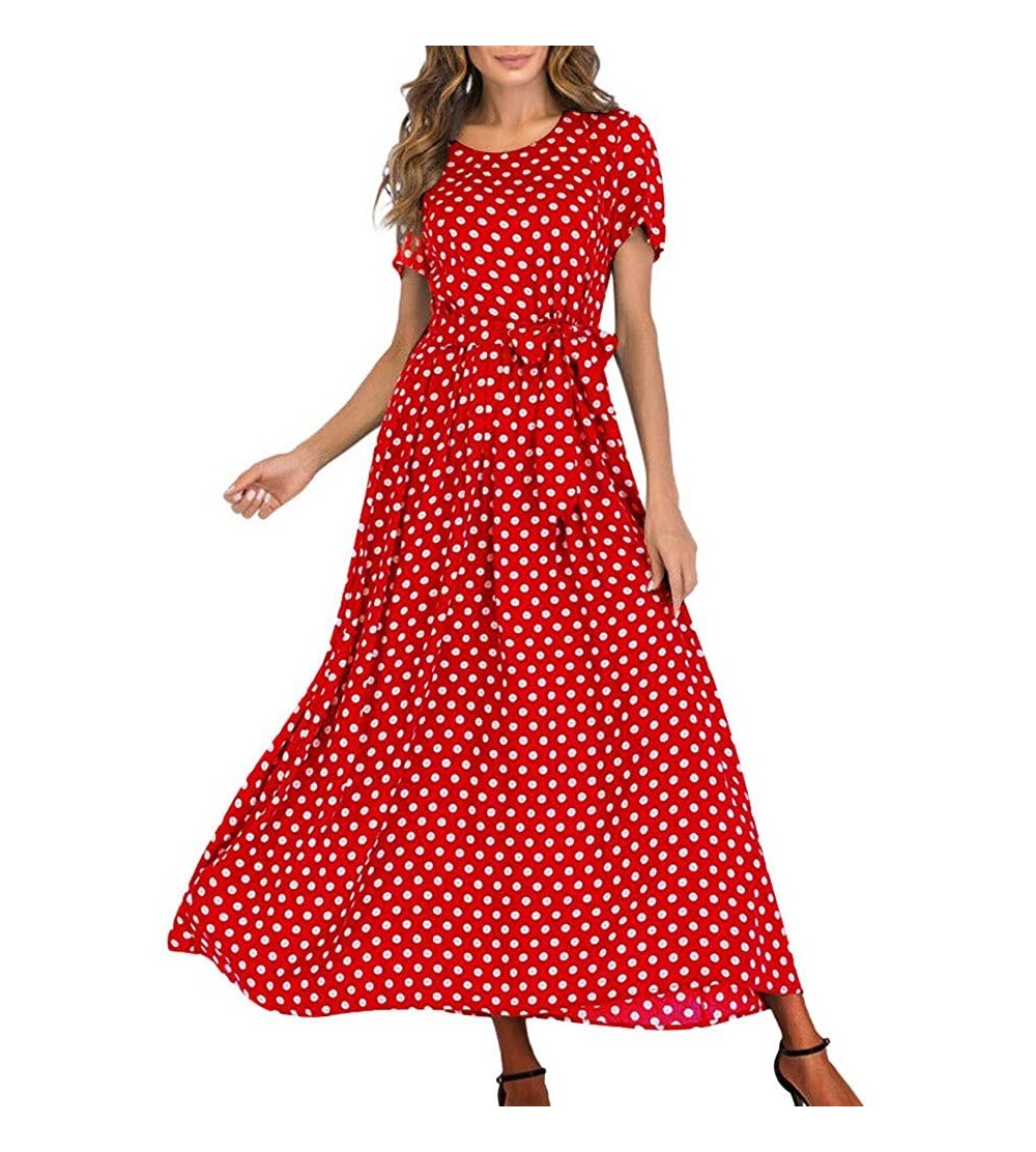 Nightgowns & Sleepshirts Fashion Women O-Neck Short Sleeve Summer Casual Beach Polka Dot Bandage Long Maxi Dress - Red - C018...