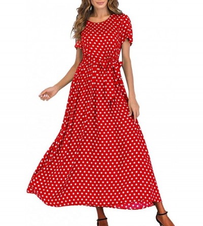 Nightgowns & Sleepshirts Fashion Women O-Neck Short Sleeve Summer Casual Beach Polka Dot Bandage Long Maxi Dress - Red - C018...