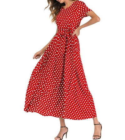 Nightgowns & Sleepshirts Fashion Women O-Neck Short Sleeve Summer Casual Beach Polka Dot Bandage Long Maxi Dress - Red - C018...