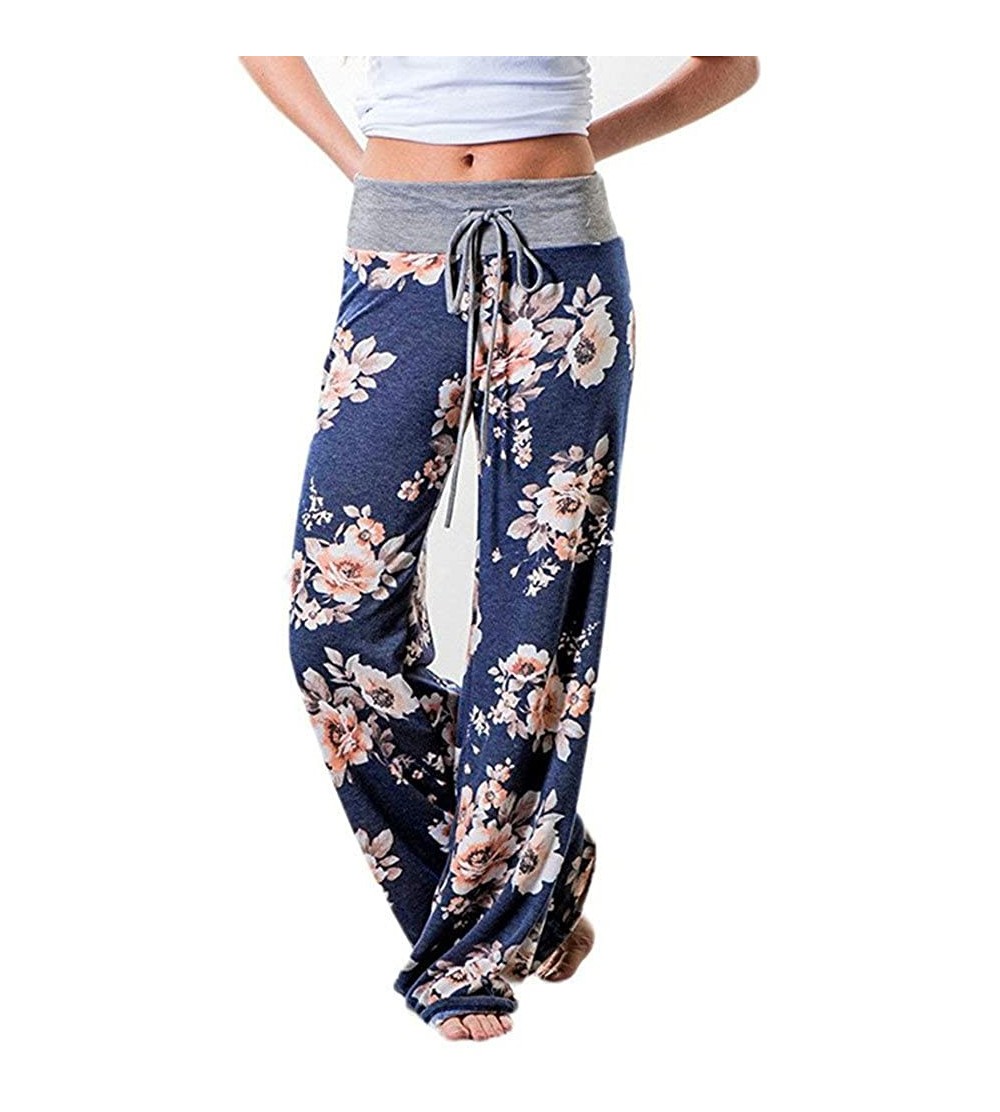 Bottoms Womens Comfy Casual Pajama Pants Floral Print Drawstring Palazzo Lounge Pants Stretch Wide Leg Pj Bottoms Pants Blue ...