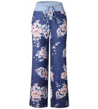 Bottoms Womens Comfy Casual Pajama Pants Floral Print Drawstring Palazzo Lounge Pants Stretch Wide Leg Pj Bottoms Pants Blue ...