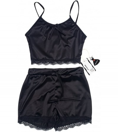 Sets Women Sleeveless Lace Crop Top Camisole and Shorts Pajamas Sleepwear Set - Black - CE188NDZ00G $23.04