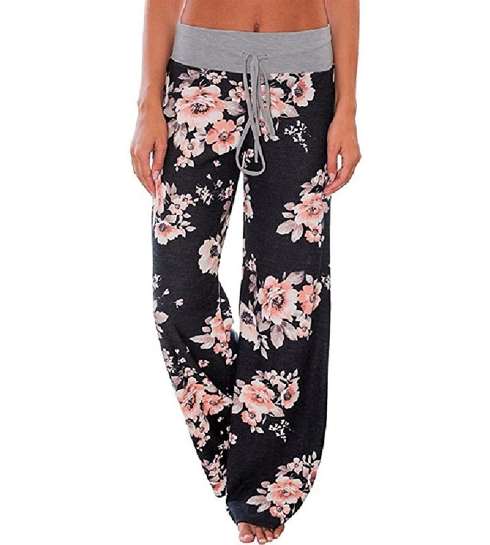 Bottoms Women's Comfy Stretch Floral Drawstring Palazzo Wide Leg Lounge Pants - Grey Waist/ Black - C618E4EZ9KQ $12.41