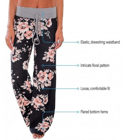 Bottoms Women's Comfy Stretch Floral Drawstring Palazzo Wide Leg Lounge Pants - Grey Waist/ Black - C618E4EZ9KQ $12.41