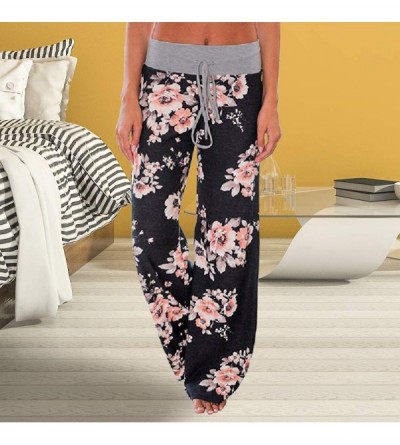 Bottoms Women's Comfy Stretch Floral Drawstring Palazzo Wide Leg Lounge Pants - Grey Waist/ Black - C618E4EZ9KQ $12.41