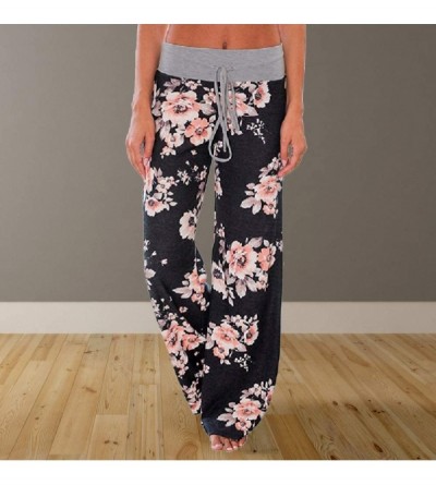 Bottoms Women's Comfy Stretch Floral Drawstring Palazzo Wide Leg Lounge Pants - Grey Waist/ Black - C618E4EZ9KQ $12.41