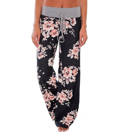 Bottoms Women's Comfy Stretch Floral Drawstring Palazzo Wide Leg Lounge Pants - Grey Waist/ Black - C618E4EZ9KQ $12.41