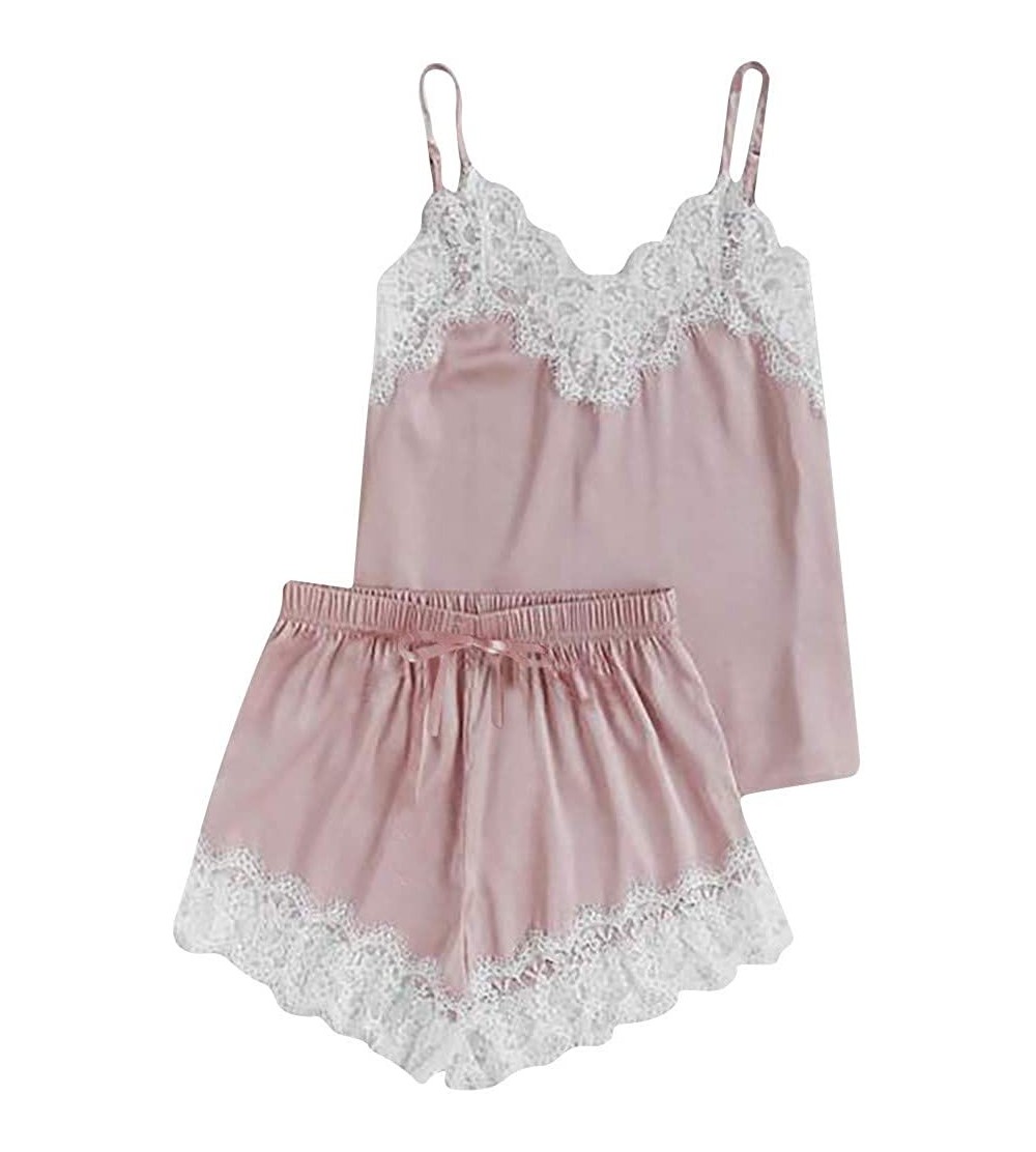 Robes Women Sleepwear Sleeveless Strap Nightwear Lace Trim Satin Cami Top Pajama Sets - Pink - CN18UQ3XUL7 $11.04