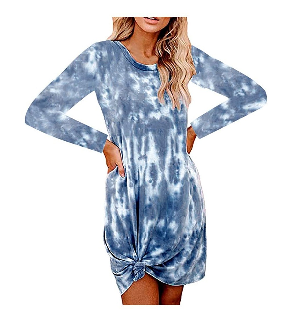 Nightgowns & Sleepshirts Women Tie-Dye Dress Fashion Crewneck Long Sleeve Loungewear Swing Loose Comfy Casual Dress - Navy - ...