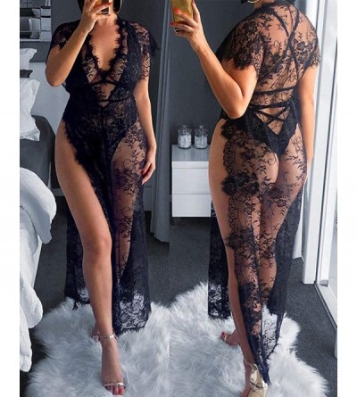 Nightgowns & Sleepshirts Women Fashion Eyelash Lace Sheer Mesh High Slit Nightgown - Black - CV19DWIT42W $30.11