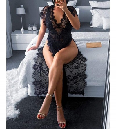 Nightgowns & Sleepshirts Women Fashion Eyelash Lace Sheer Mesh High Slit Nightgown - Black - CV19DWIT42W $30.11