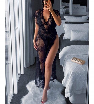 Nightgowns & Sleepshirts Women Fashion Eyelash Lace Sheer Mesh High Slit Nightgown - Black - CV19DWIT42W $30.11