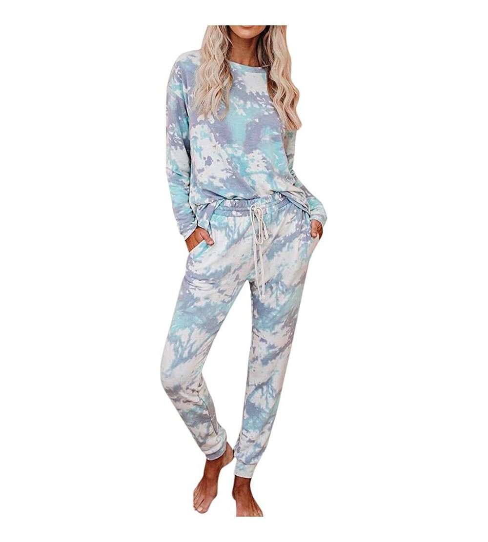 Sets Womens Pajama Sets-Womens Long Sleeve Tie Dye Long Pajamas Set Loose Sleepwear Sweatsuit Night Shirts with Pockets - Gre...