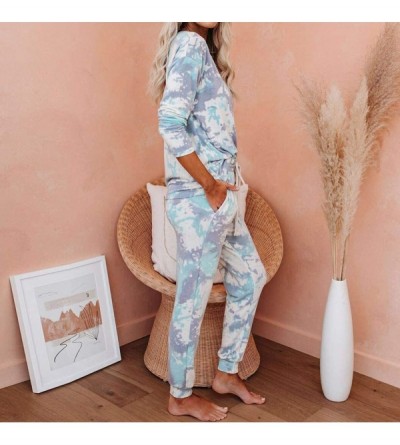 Sets Womens Pajama Sets-Womens Long Sleeve Tie Dye Long Pajamas Set Loose Sleepwear Sweatsuit Night Shirts with Pockets - Gre...